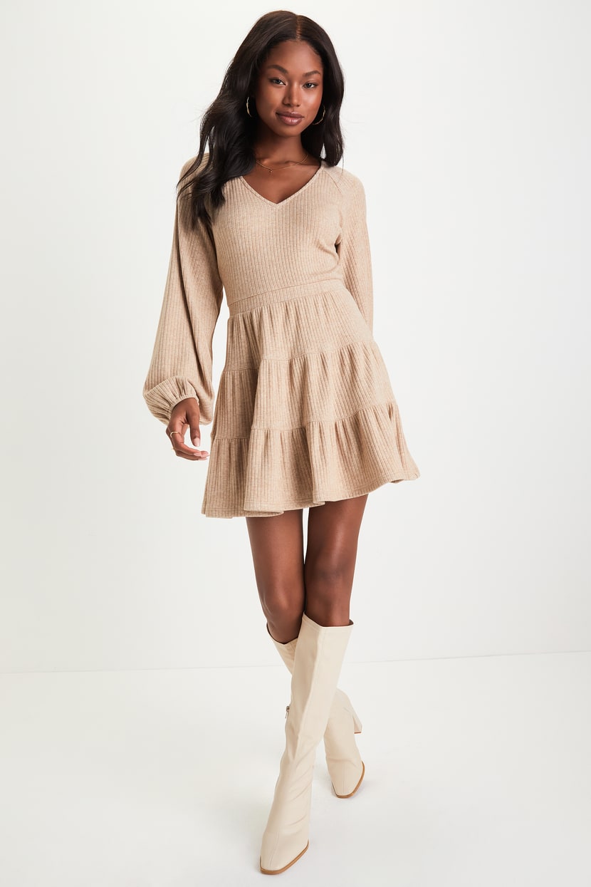 Heather Beige Dress - Beige Sweater Dress - Skater Sweater Dress - Lulus