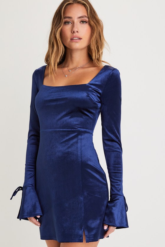 Joyful Poise Navy Blue Velvet Long Sleeve Mini Dress