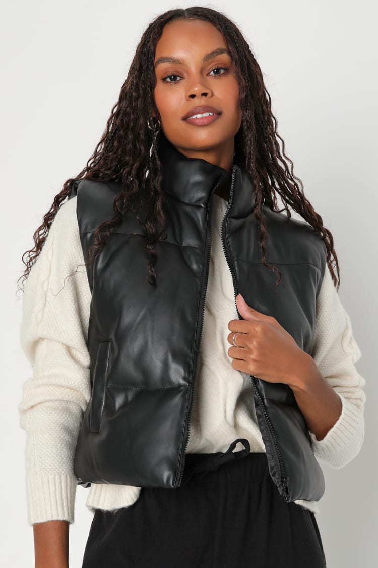 Black Vegan Leather Vest - Cropped Vest - Cropped Puffer Vest - Lulus