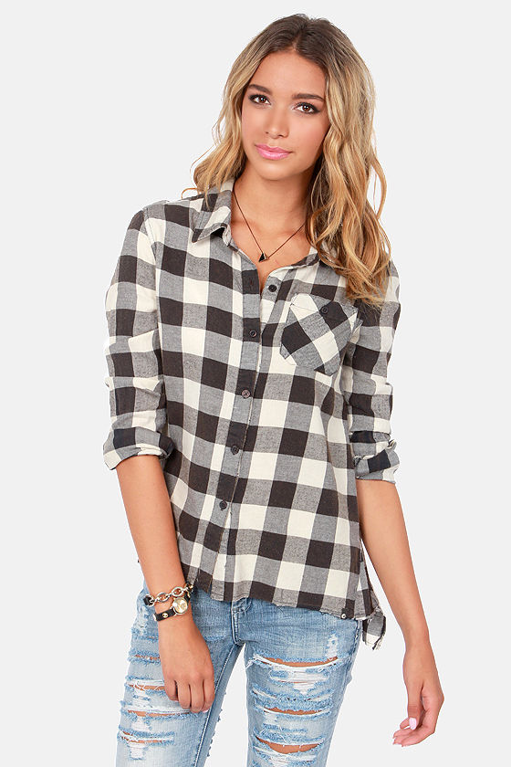 Billabong Need for Luv Top - Plaid Top - Black Top - Ivory Top - $49.50 ...