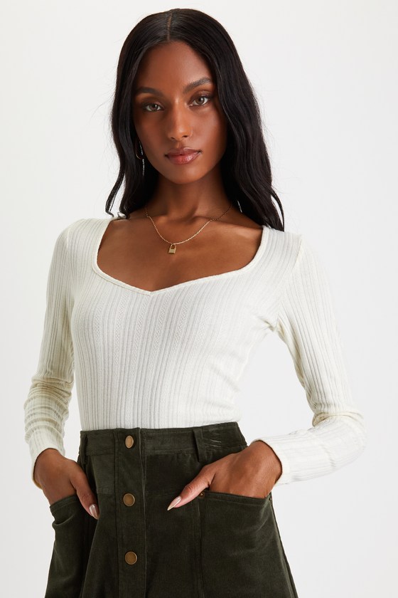 Ivory Pointelle Knit Top Long Sleeve Bodysuit Ivory Bodysuit Lulus