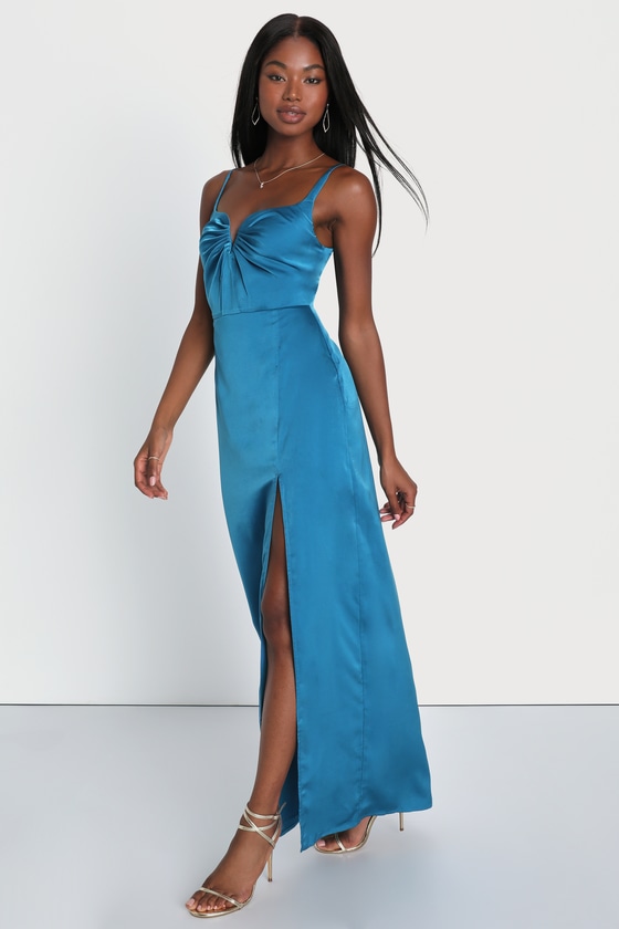 Blue Satin Maxi Dress - Sleeveless A-Line Dress - Satin Gown - Lulus
