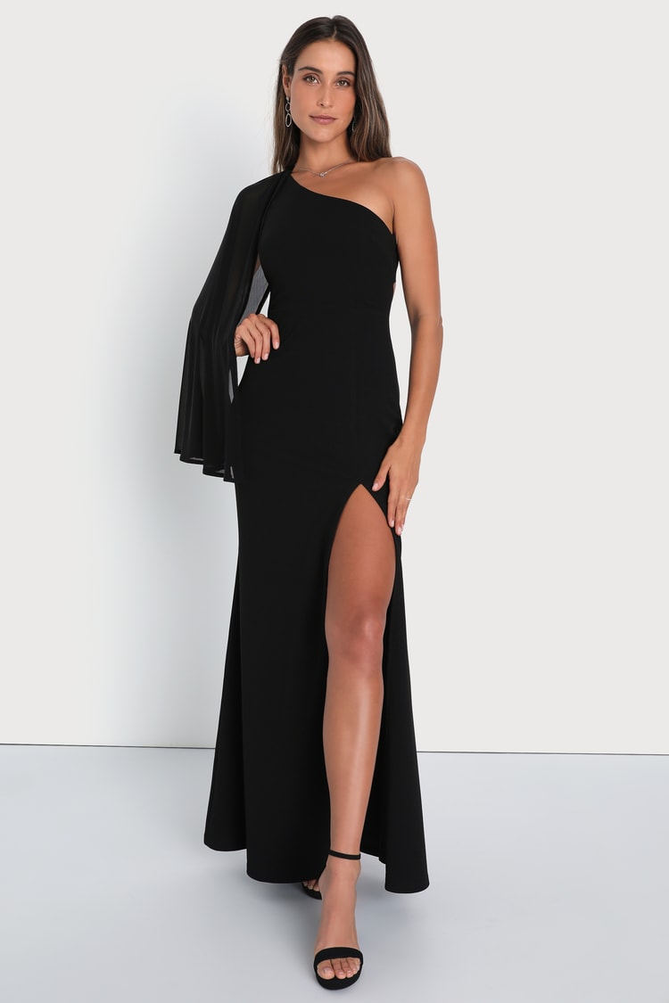 Black Maxi Dress - Cape Sleeve Dress - One-Shoulder Maxi Dress - Lulus