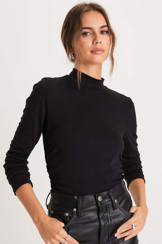 Chic Black Top - Ruched Long Sleeve Top - Mock Neck Top - Lulus
