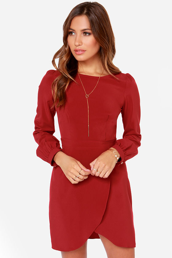 Chic Wine Red Dress - Long Sleeve Dress - Tulip Skirt Dress - $40.00 ...