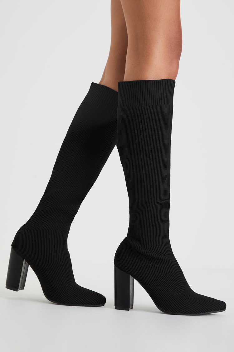 Cute Black Boots - Ribbed Knits Sock Boots - Knee-High Sock Boots - Lulus