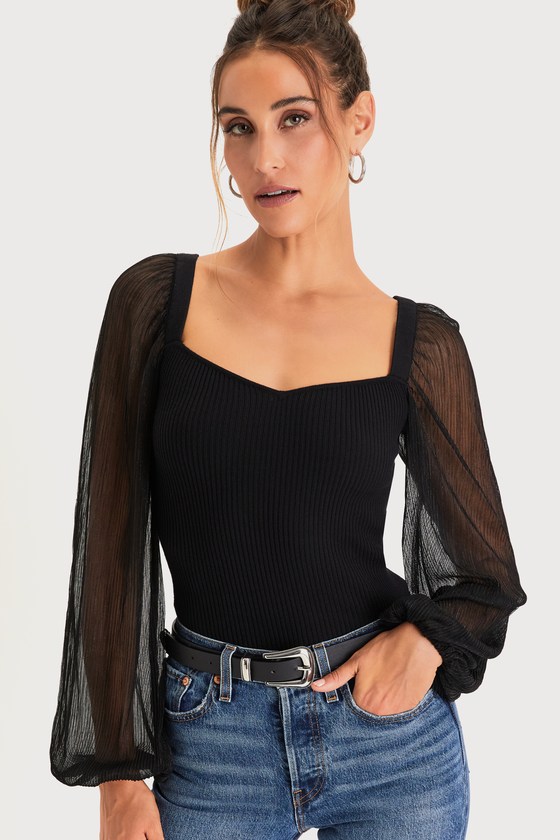 Chic Black Top - Ribbed Knit Top - Sheer Balloon Sleeve Top - Lulus