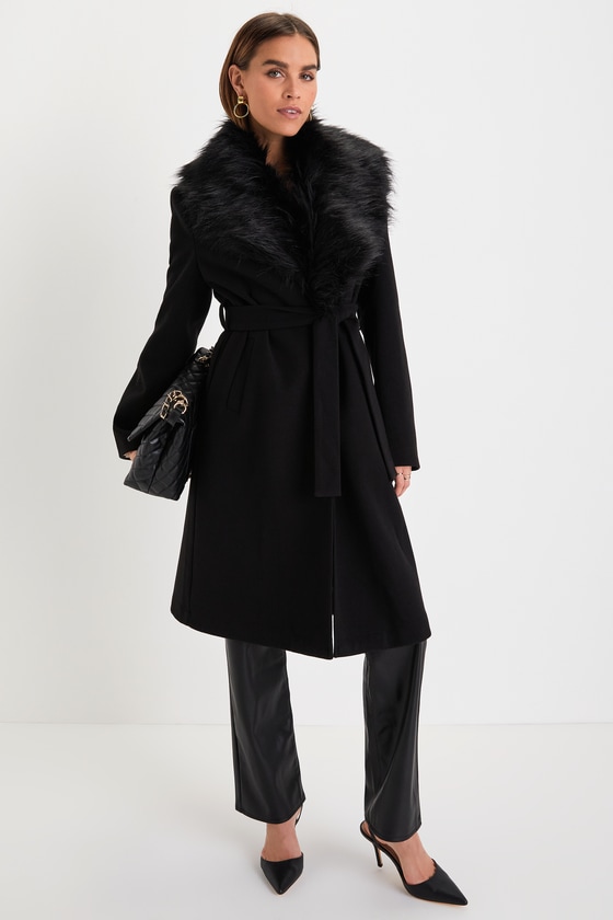 Black Faux Fur Collar Coat - Black Belted Coat - Longline Coat - Lulus