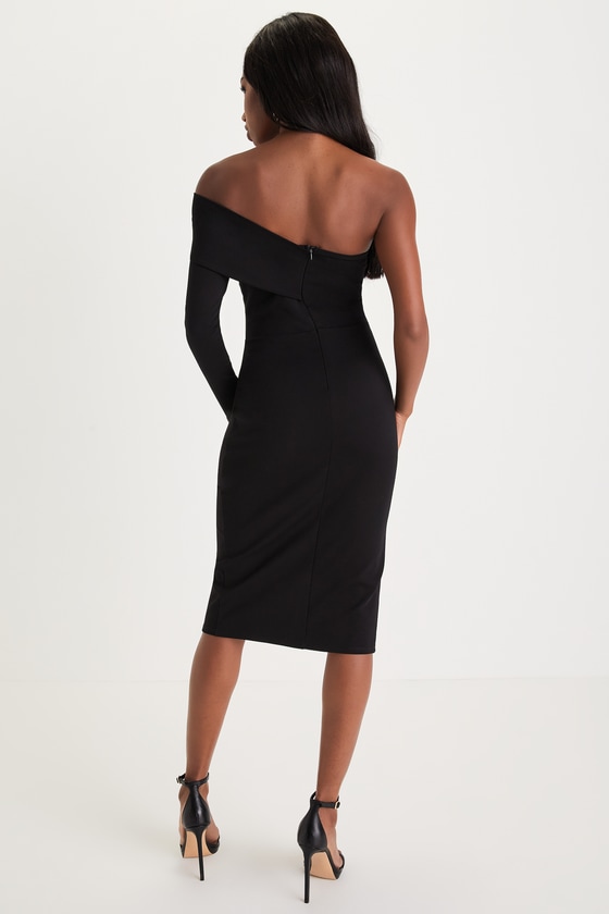 Black One-Shoulder Dress - Black Midi Dress - Bodycon OTS Midi - Lulus