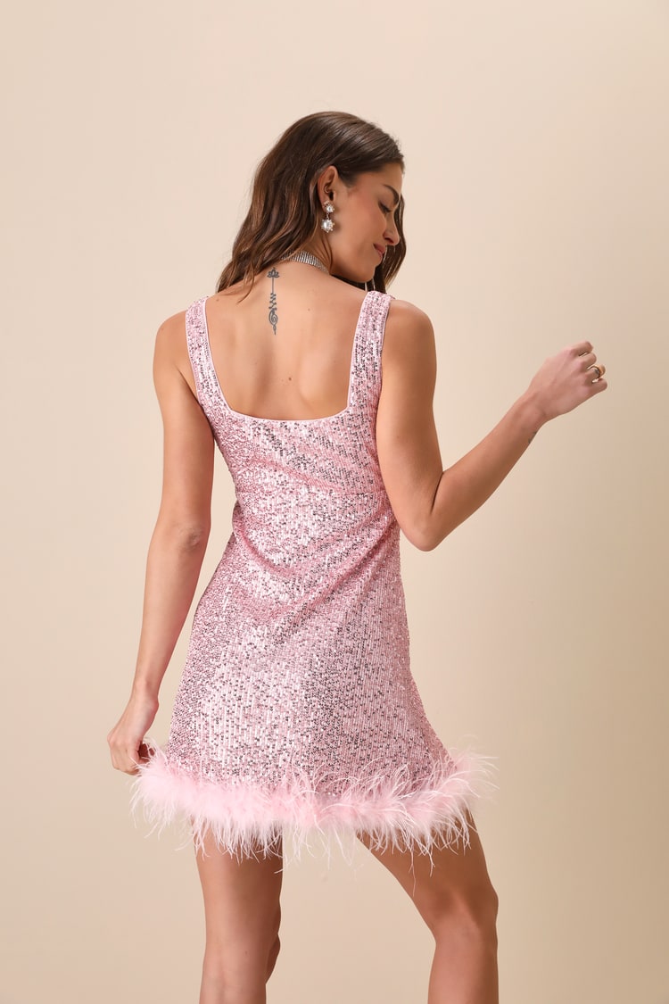 Pink Sequin Dress - Sleeveless Mini Dress - Feather Dress - Lulus