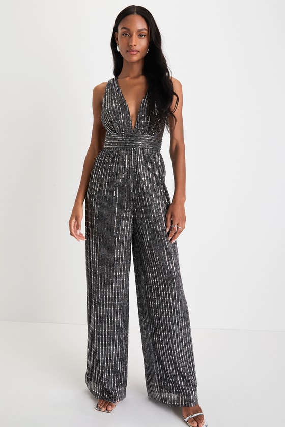 Lulus Ailey Silver And Black Sequin Twist Back Wide Leg Jumpsuit