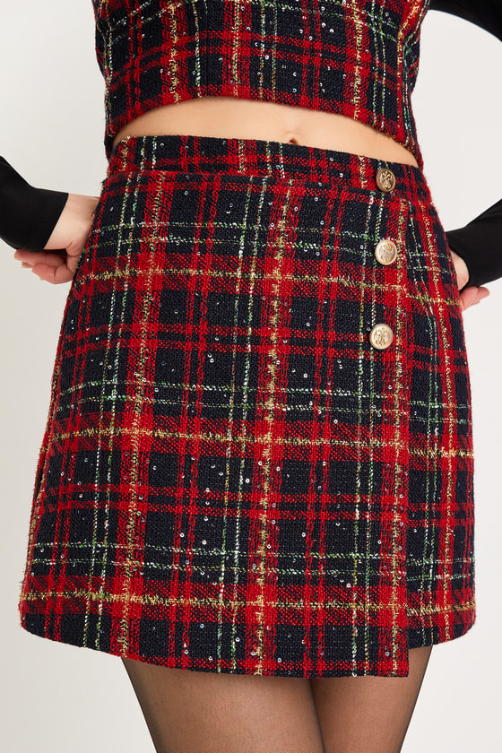 Navy Blue and Red Plaid Skirt - Tweed Skirt - Mini Skirt - Lulus