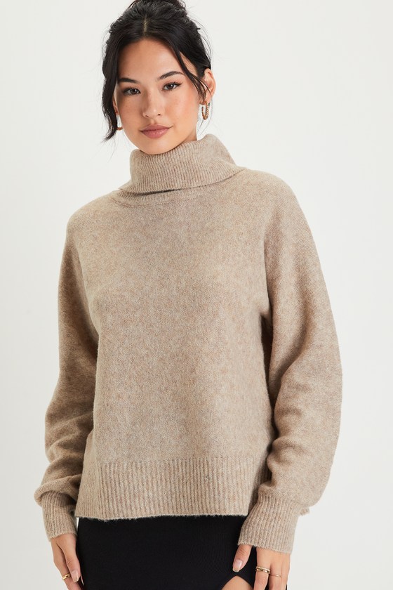 Lulus Coziest Pick Heather Taupe Turtleneck Oversized Sweater