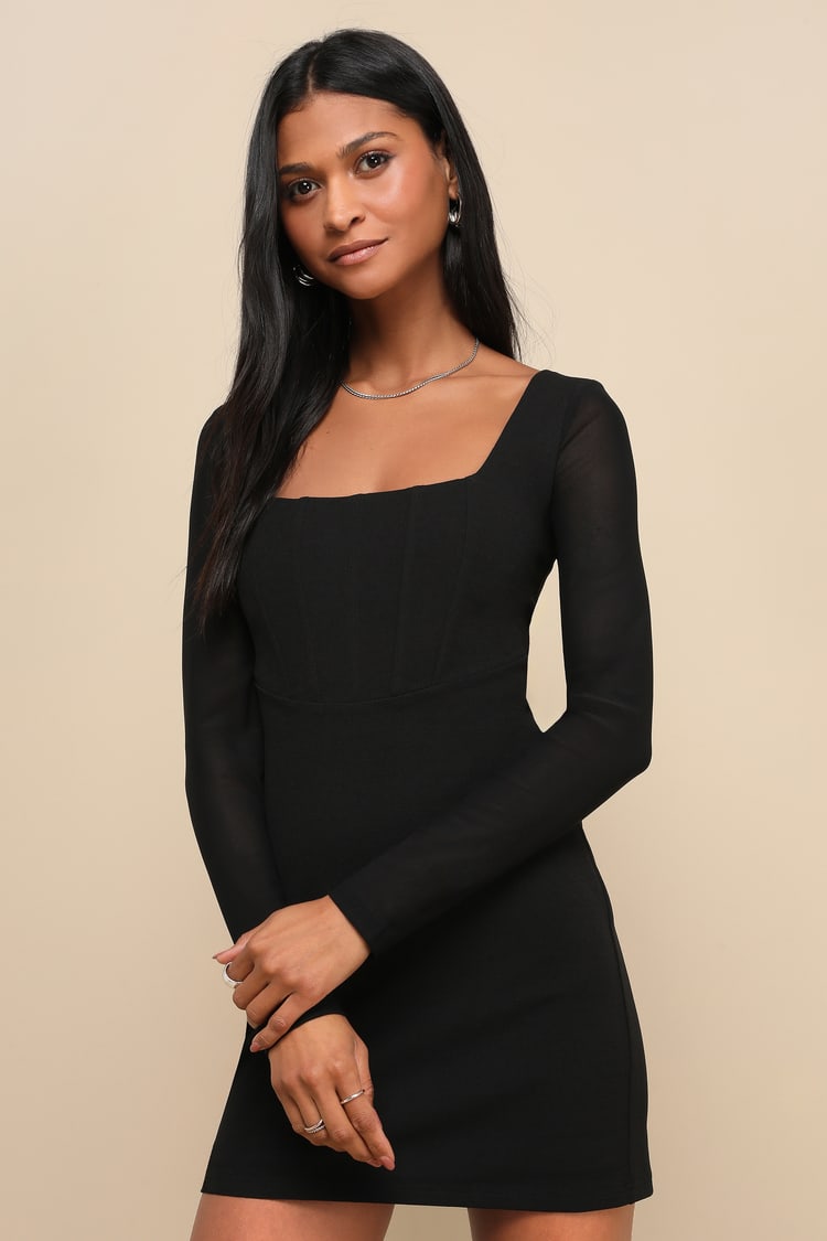 Black Mini Dress - Mesh Sleeves Dress - Bustier Mini Dress - Lulus