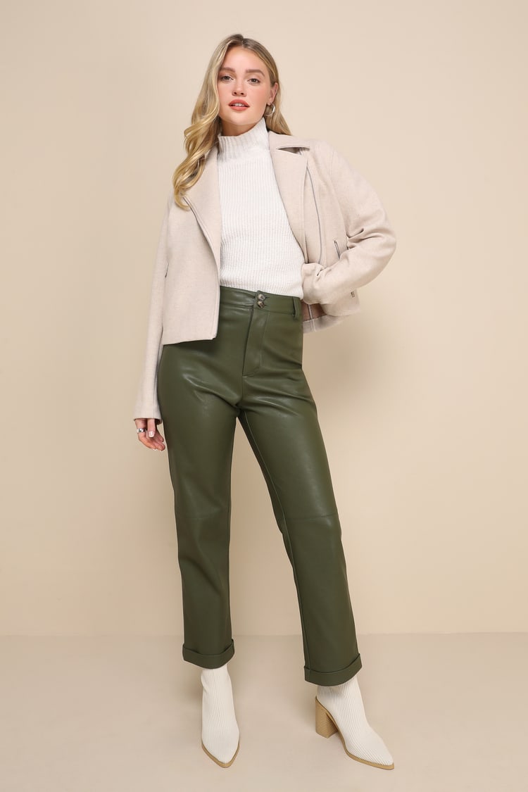 Olive Green Vegan Leather Straight Leg Pants | Womens | X-Small | Vegan Friendly | Lulus