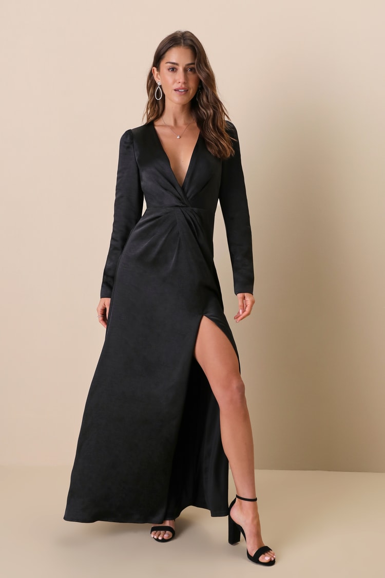 Black Satin Dress - Long Sleeve Dress - Black Maxi Dress - Lulus