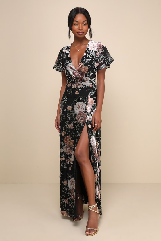 Black Floral Velvet Dress - Tie-Back Maxi Dress - Burnout Dress - Lulus