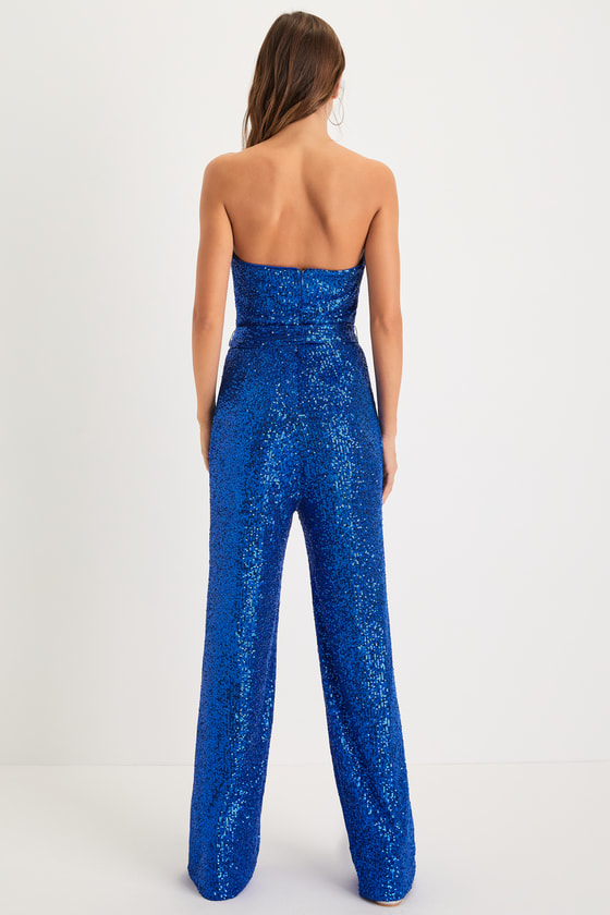 Sequin Jumpsuit - Blue Strapless Jumpsuit - Wide-Leg Jumpsuit - Lulus