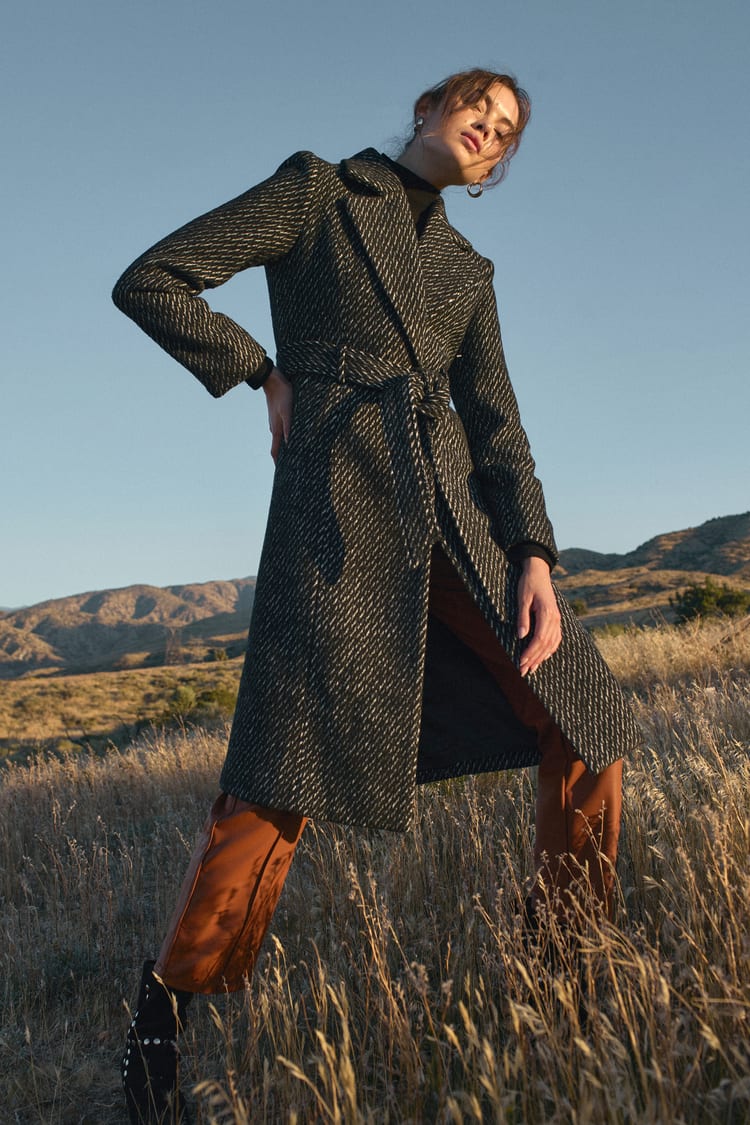 Black Trench Coat - Tweed Coat - Herringbone Coat - Long Coat - Lulus