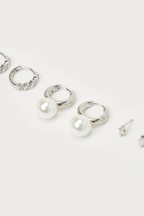 Shop Lulus Poised Adoration Silver Pearl Mini Hoop Earring Set