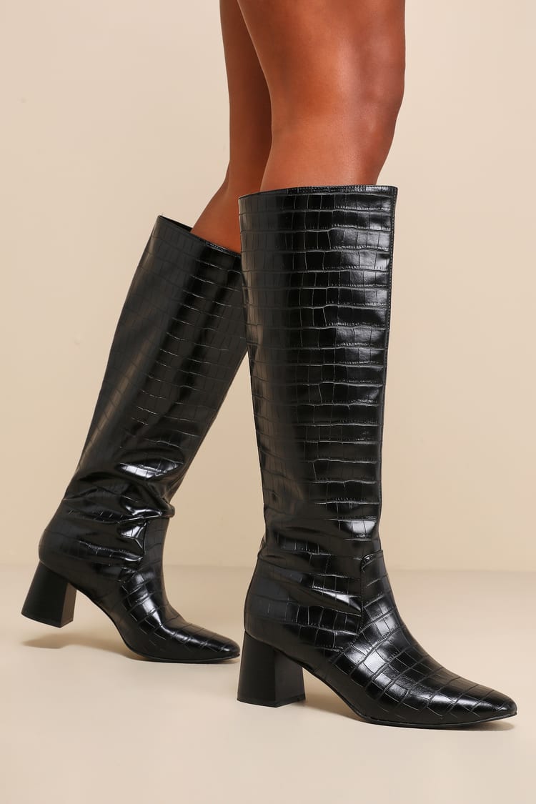 Black Croc-Embossed Boots - Black Knee-High Boots - Black Boots - Lulus