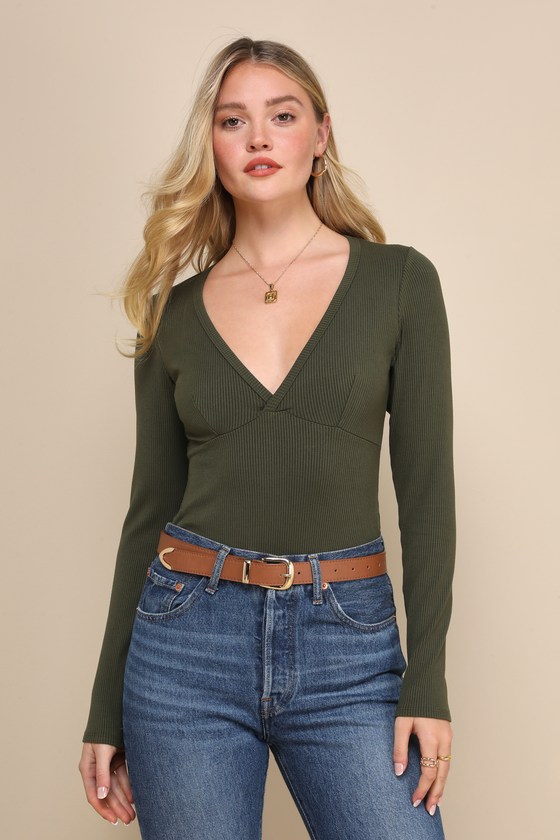 Olive Green Bodysuit - Long Sleeve Bodysuit - V-Neck Bodysuit - Lulus