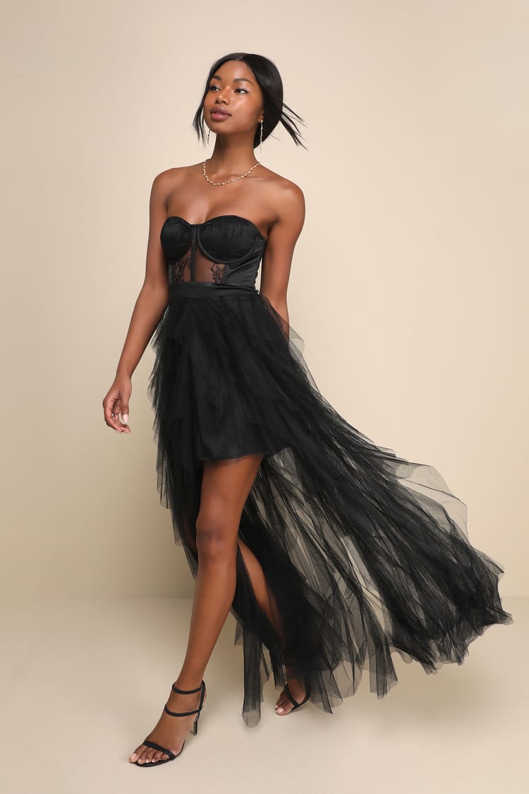 Black Strapless Dress - Sheer Lace Dress - Ruffled Dress - Dress - Lulus