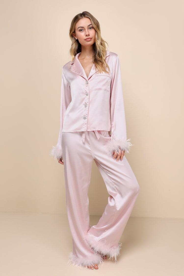 Light Pink Satin PJ Set - Feather-Trimmed PJ Set - Bridal Pajamas - Lulus