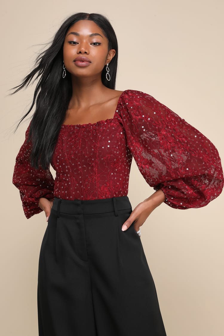Burgundy Lace Top - Sequin Long Sleeve Top - Cropped Lace Top - Lulus
