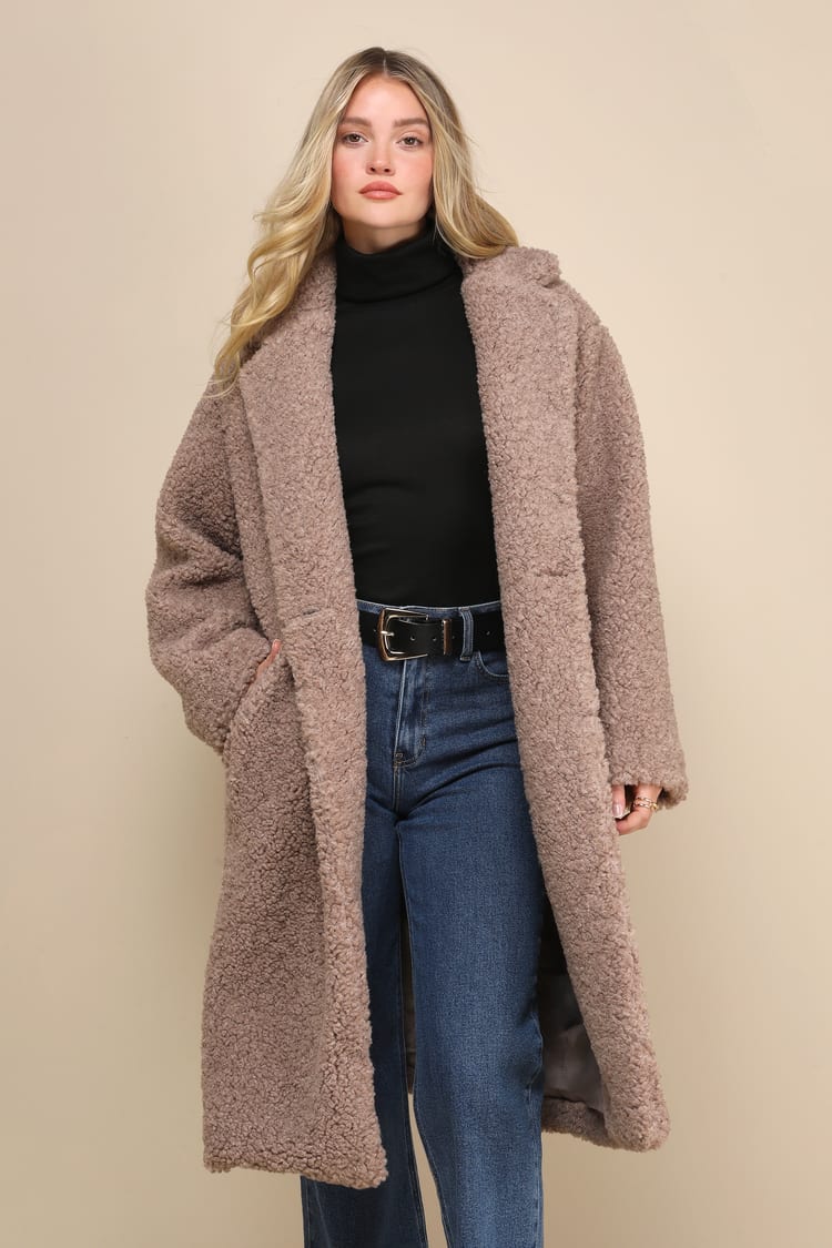 Taupe Shearling Coat - Faux Fur Coat - Double-Breasted Coat - Lulus