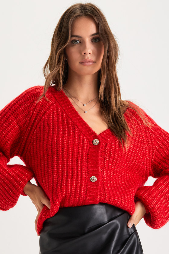 Red Cardigan - Cardigan Sweater - Rhinestone Button-Up Sweater - Lulus
