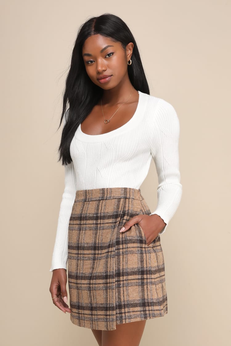 Beige and Brown Skirt - Plaid Mini Skirt - Skirt With Pockets - Lulus