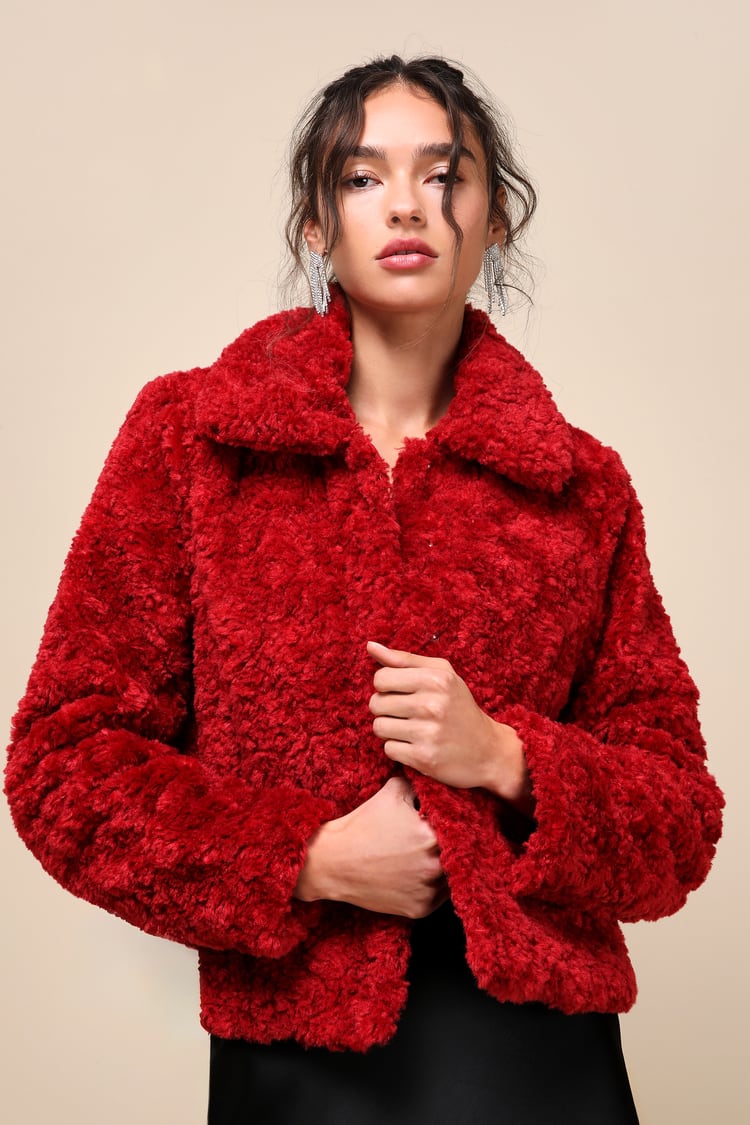 Red Teddy Jacket - Faux Fur Jacket - Collared Jacket - Lulus