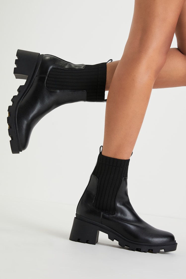 Chunky Black Boots - Ankle-High Boots - Ribbed Knit Sock Boots - Lulus