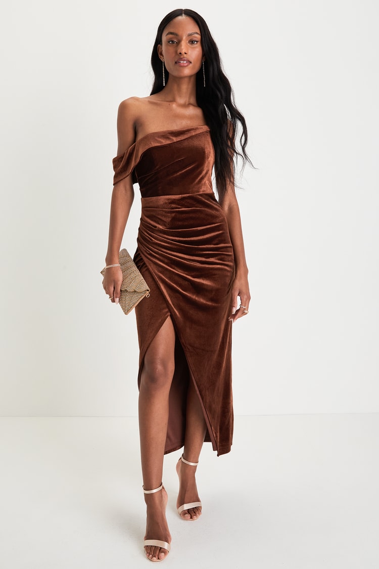 Brown Velvet Dress - Asymmetrical Midi Dress - One-Shoulder Dress - Lulus