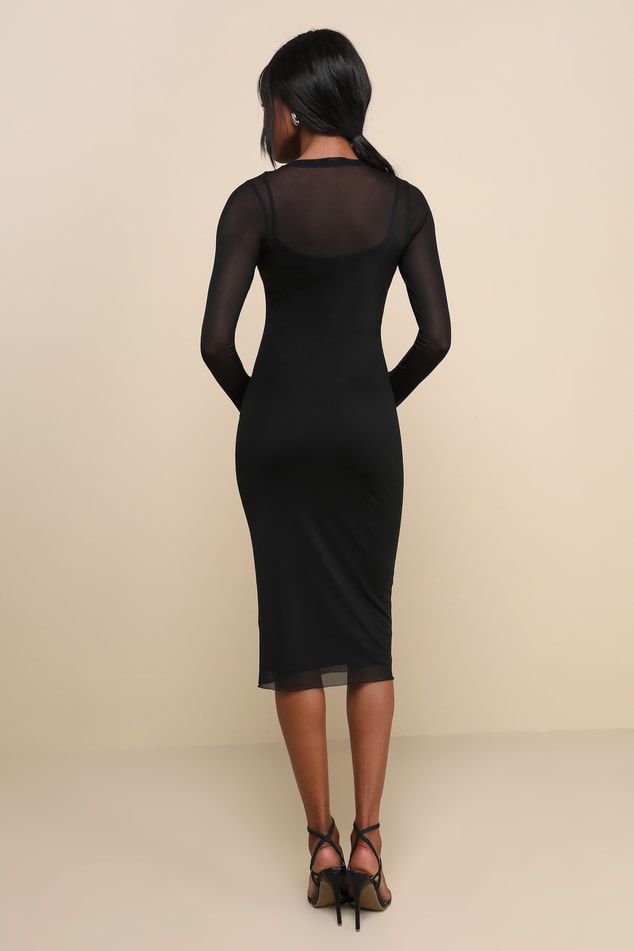 Perfect Plans Black Sheer Mesh Long Sleeve Bodycon Midi Dress