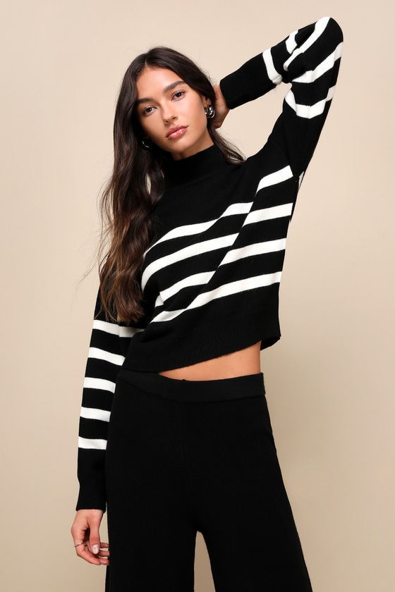 Black and white striped mock sale neck top