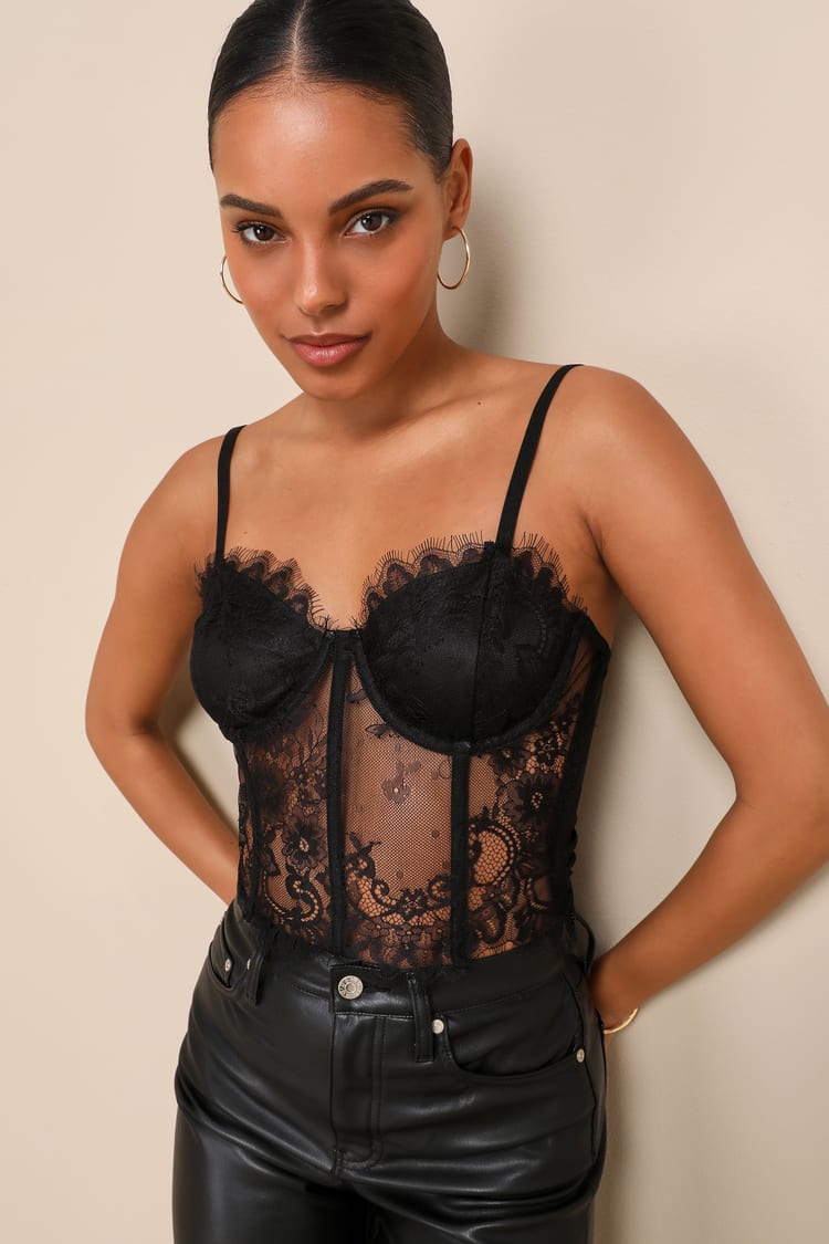 Black Sheer Lace Top - Lace Bustier Top - Cropped Bustier Top - Lulus