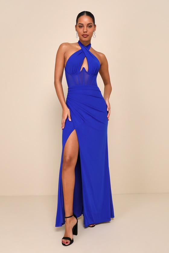 Blue Mesh Dress - Cross-Front Halter Dress - Bustier Maxi Dress - Lulus