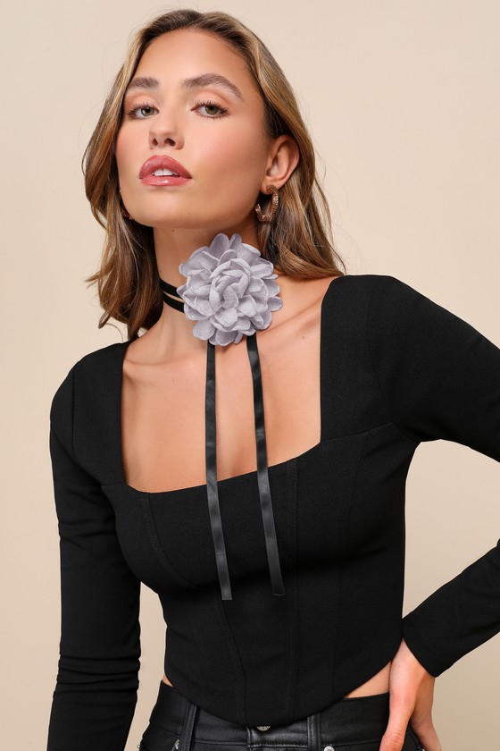 Lulus Trendy Charisma Grey Organza 3d Rosette Choker Necklace