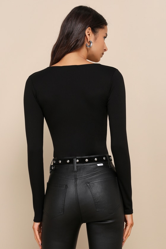 Shop Lulus Seek Me Out Black Long Sleeve Asymmetrical Bodysuit