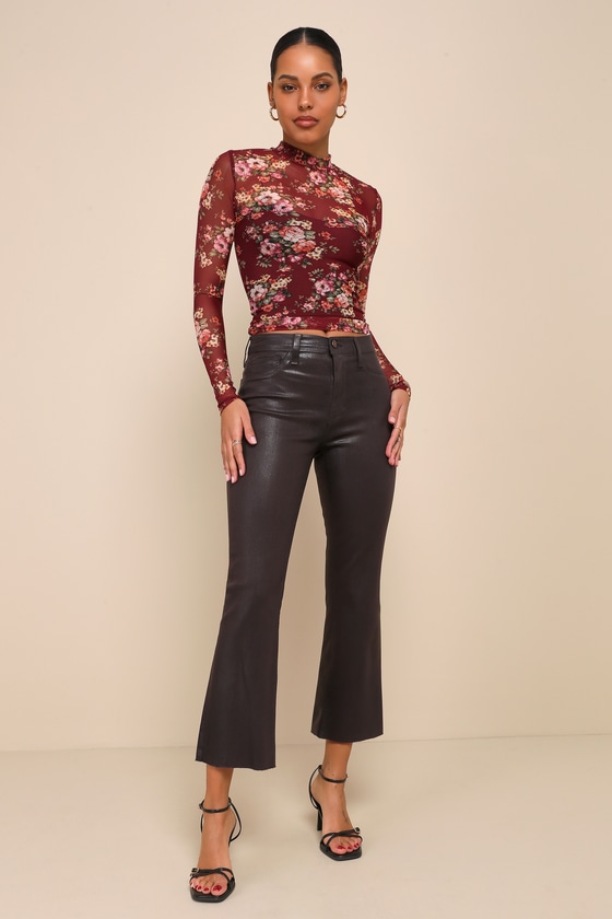 Burgundy Floral Top Sheer Mesh Top Long Sleeve Mock Neck Top Lulus 4590