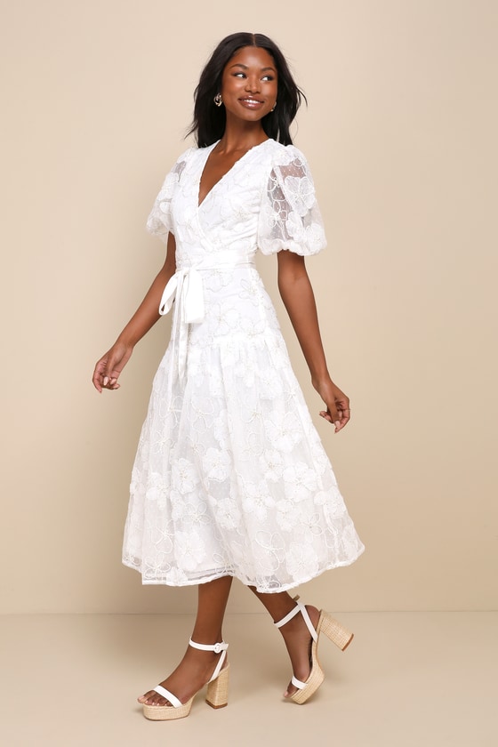 White Floral Lurex Dress - Puff Sleeve Midi Dress - Floral Dress - Lulus