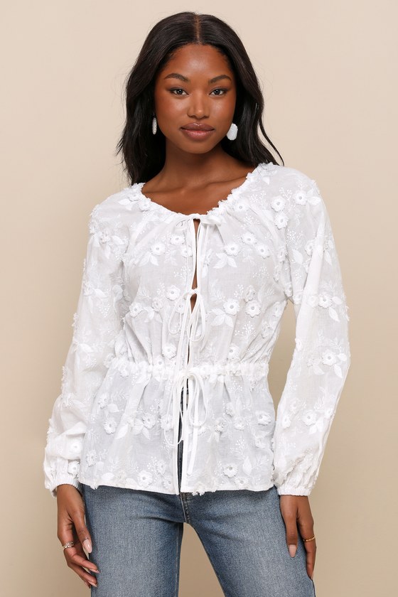 White Embroidered Top Tie Front Top Drawstring Top Blouse Lulus 8043