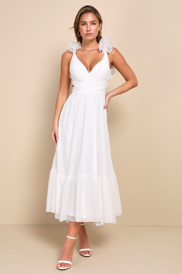 White Pleated Dress - Lace-Up Midi Dress - Ruffled Strap Dress - Lulus