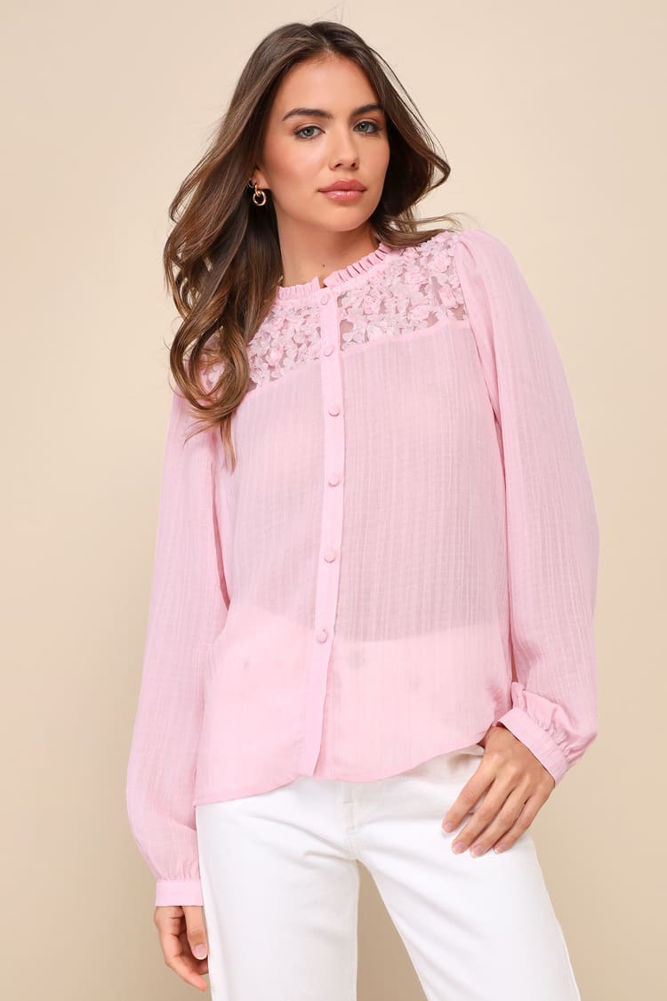 Pink Chiffon Rosette Ruffled Long Sleeve Top | Womens | X-Large (Available in M, L) | 100% Polyester | Lulus