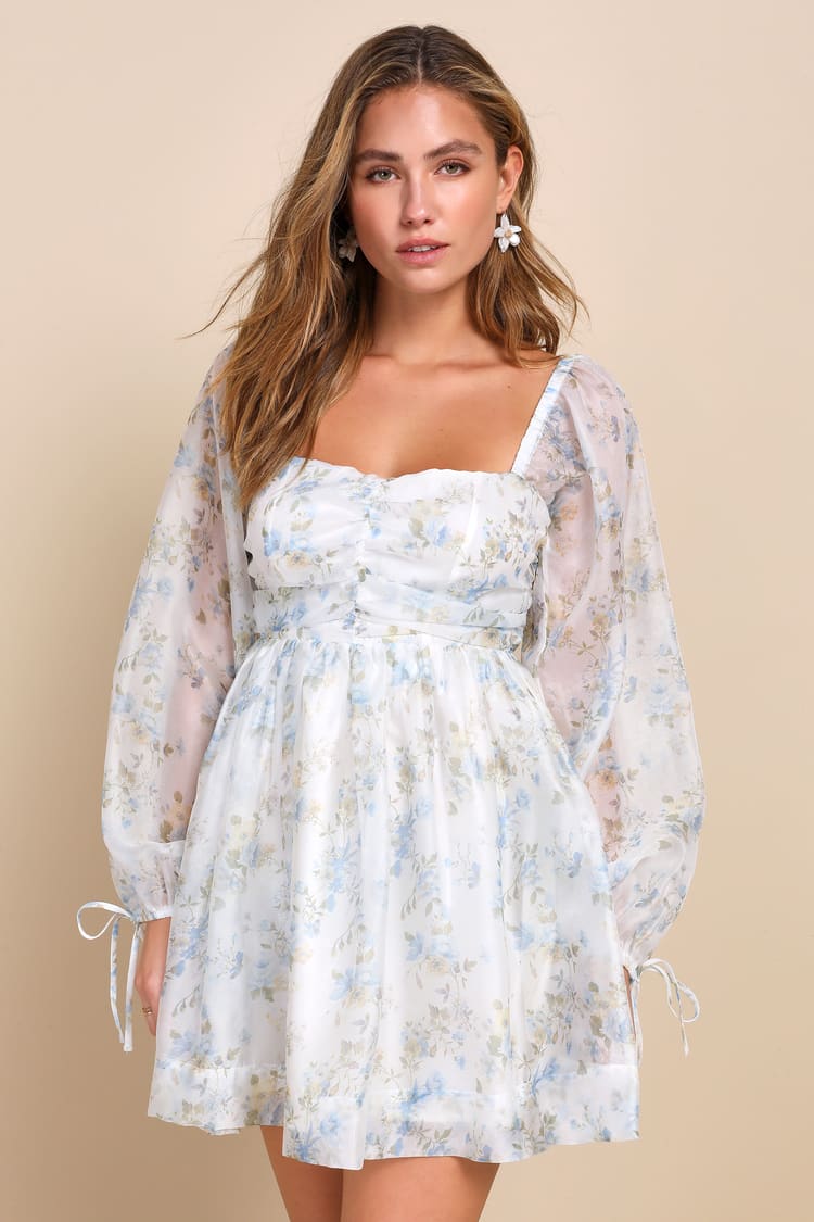 White Floral Chiffon Dress - Babydoll Mini Dress - Chiffon Dress - Lulus