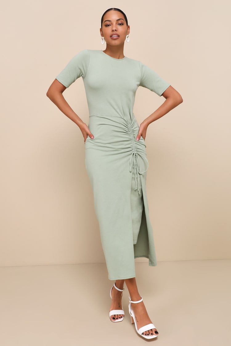Sage Green Midi Dress - Short Sleeve Dress - Ruched Dress - Lulus