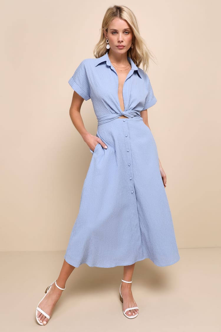 Blue Dress with Pockets - Collared Midi Dress - Cotton Dress - Lulus