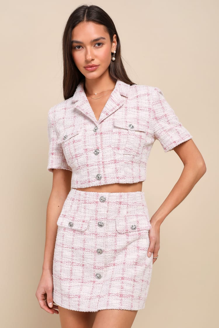 Pink and White Tweed Skirt - Mini Skirt - Rhinestone Button Skirt - Lulus